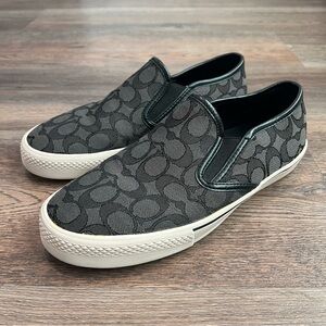 Coach Slip-On Sneakers Men’s 8 Signature Jacquard Black Gray Canvas Casual Shoes